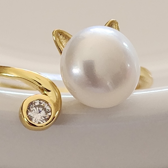 925S Real 8mm Cultured Freshwater Pearl Cat Shape Gold Ring - Adjustable - Picture 2 of 16